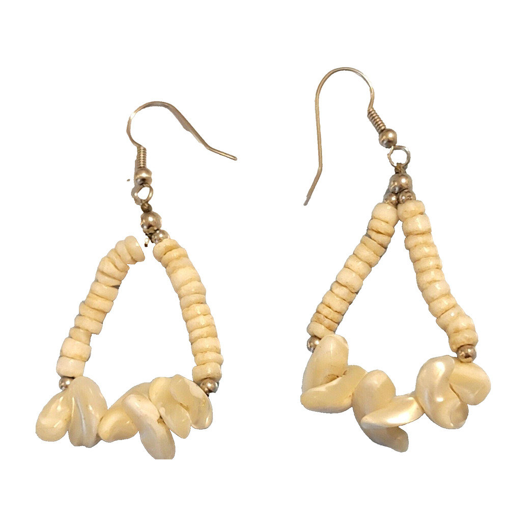 Vintage Boho Long Shell Mother of Pearl Pierced Dangle Earrings, MOP 2.25" wp-40